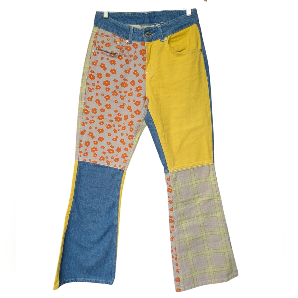 The Ragged Priest Multi-Panel Floral & Plaid Flare Jeans - Yellow, Blue, Orange